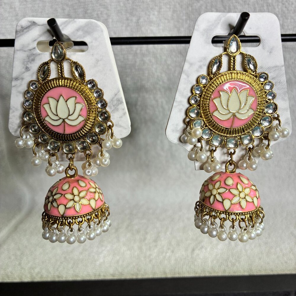 Gold Jhumka Earrings Indian Ethnic Pink Pearl Lotus Floral